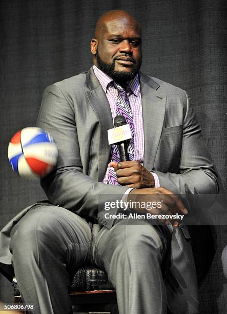 Former NBA player Shaquille O'neal speaks during the 12th Annual Lakers All-Access at Staples Center on January 25, 2016 in Los Angeles, California.