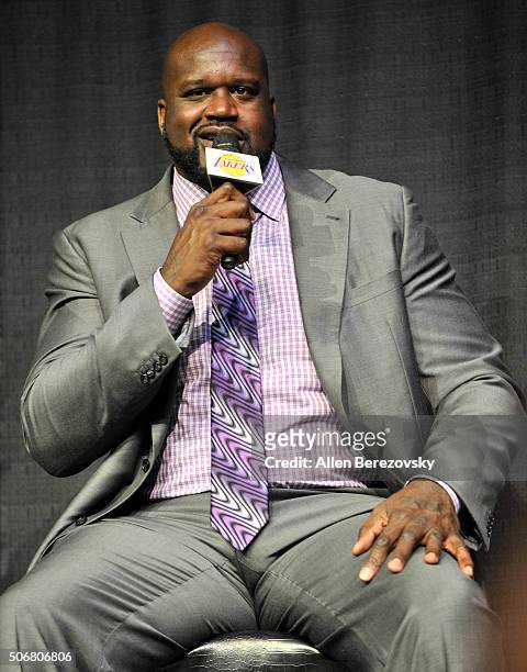 Former NBA player Shaquille O'neal speaks during the 12th Annual Lakers All-Access at Staples Center on January 25, 2016 in Los Angeles, California.