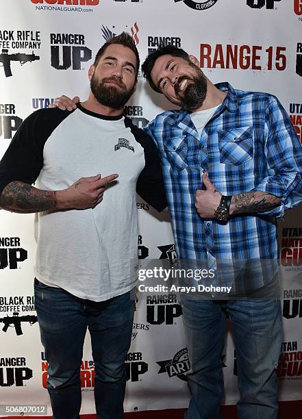 Mat Best and former United States Navy SEAL Marcus Luttrell attend the Range 15 x Maxim Magazine Party at Indie Lounge on January 25, 2016 in Park...