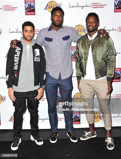 Players D'Angelo Russell, Roy Hibbert and Julius Randle attend the 12th Annual Lakers All-Access event at Staples Center on January 25, 2016 in Los...