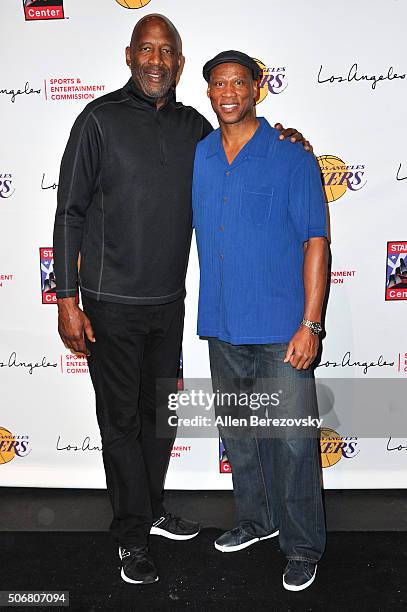 Former NBA player James Worthy and Lakers' head coach Byron Scott attend the 12th Annual Lakers All-Access event at Staples Center on January 25,...