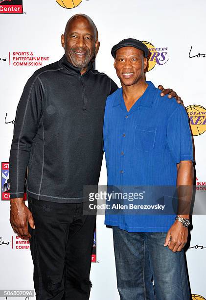Former NBA player James Worthy and Lakers' head coach Byron Scott attend the 12th Annual Lakers All-Access event at Staples Center on January 25,...