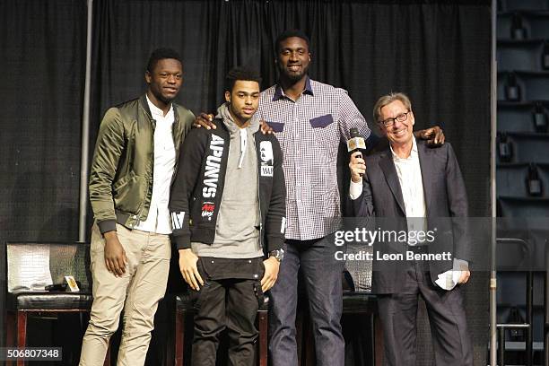 Los Angeles Lakers Julius Randle, D'Angelo Russell, Roy Hibbert and announcer Bill MacDonald attended the 12th Annual Lakers All-Access at Staples...
