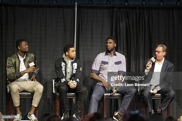 Los Angeles Lakers Julius Randle, D'Angelo Russell, Roy Hibbert and announcer Bill MacDonald attended the 12th Annual Lakers All-Access at Staples...