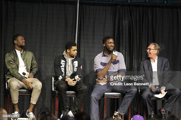 Los Angeles Lakers Julius Randle, D'Angelo Russell, Roy Hibbert and announcer Bill MacDonald attended the 12th Annual Lakers All-Access at Staples...
