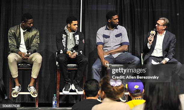 Players Julius Randle, D'Angelo Russell, Roy Hibbert and TV broadcaster Bill Macdonald speak onstage during the 12th Annual Lakers All-Access event...