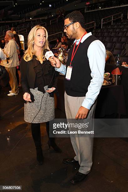 Los Angeles Laker Owner Jeanie Buss being interviewed by Reble Media Group reporter Nick Hamilton at the 12th Annual Lakers All-Access at Staples...