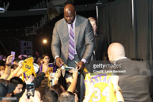 Retired NBA player Shaquille O'Neal signing autographs at the 12th Annual Lakers All-Access at Staples Center on January 25, 2016 in Los Angeles,...