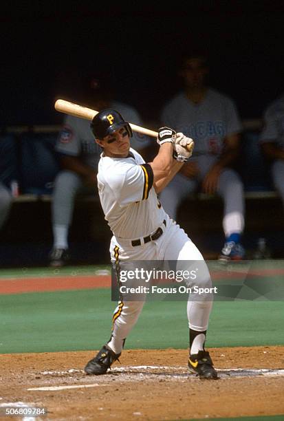 Jay Bell of the Pittsburgh Pirates bats against the Chicago Cubs during an Major League Baseball game circa 1991 at Three Rivers Stadium in...