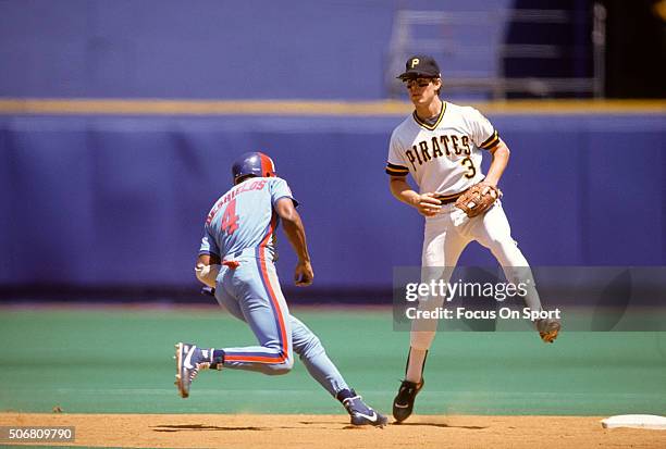 Jay Bell of the Pittsburgh Pirates in action against the Montreal Expos during an Major League Baseball game circa 1990 at Three Rivers Stadium in...