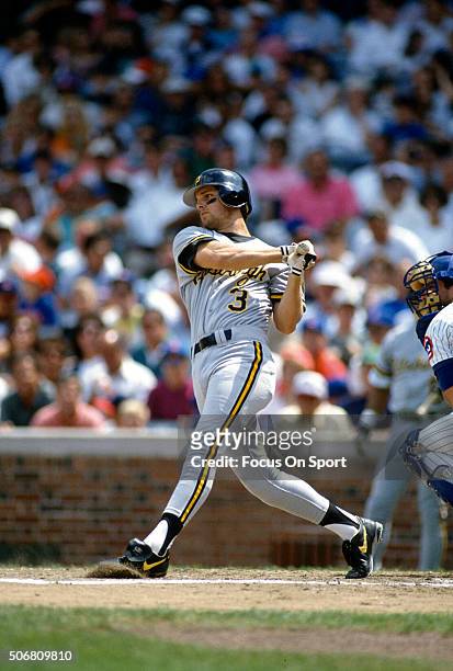 Jay Bell of the Pittsburgh Pirates bats against the Chicago Cubs during an Major League Baseball game circa 1991 at Wrigley Field in Chicago,...