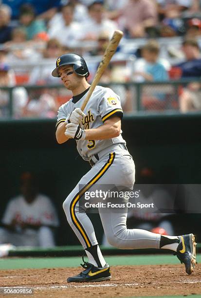 Jay Bell of the Pittsburgh Pirates bats against the Philadelphia Phillies during an Major League Baseball game circa 1992 at Veterans Stadium in...