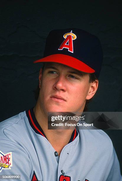 Jim Abbott of the California Angles looks on from the dugout against the New York Yankees during an Major League Baseball game circa 1989 at Yankee...