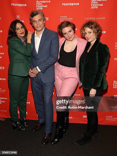 Jennifer Konner, Jason Benjamin, Lena Dunham and a guest attend the "Suited" Premiere during the 2016 Sundance Film Festival at Temple Theater on...