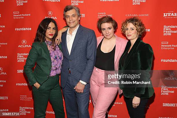 Jennifer Konner, Jason Benjamin, Lena Dunham and a guest attend the "Suited" Premiere during the 2016 Sundance Film Festival at Temple Theater on...