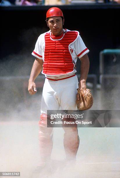 Johnny Bench of the Cincinnati Reds looks on during an Major League Baseball game circa 1972 at Riverfront Stadium in Cincinnati, Ohio. Bench played...