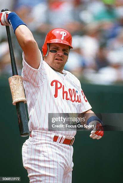 John Kruk of the Philadelphia Phillies looks on from the on-deck circle during a Major League Baseball game circa 1993 at Veterans Stadium in...