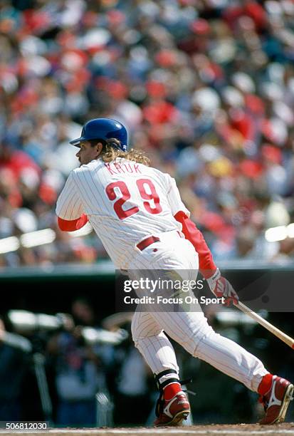John Kruk of the Philadelphia Phillies bats during a Major League Baseball game circa 1994 at Veterans Stadium in Philadelphia, Pennsylvania. Kruk...