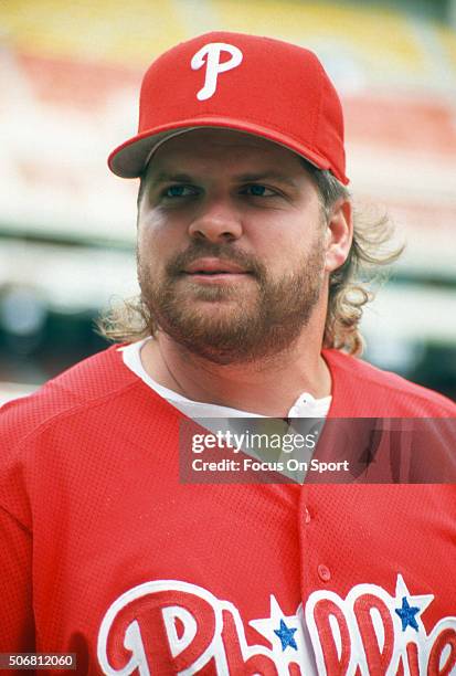 John Kruk of the Philadelphia Phillies looks on during batting practice prior to the start of a Major League Baseball game circa 1992. Kruk played...