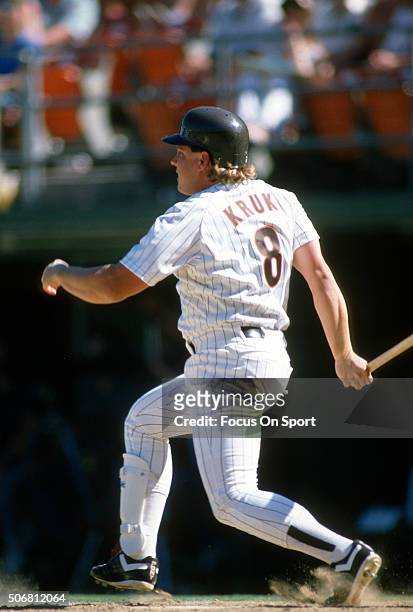 John Kruk of the San Diego Padres bats during a Major League Baseball game circa 1989 at Jack Murphy Stadium in San Diego, California. Kruk played...
