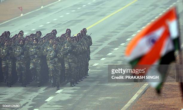 An Indian Army commando contingent marches past during the Republic Day Parade in New Delhi on January 26, 2016. Thousands gathered in New Delhi amid...