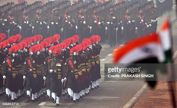 An Indian Army contingent marches past during the Republic Day Parade in New Delhi on January 26, 2016. Thousands gathered in New Delhi amid tight...