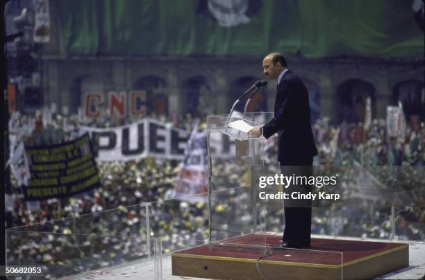 Presidential candidate Carlos Salinas de Gortari speaking at a PRI campaign rally.