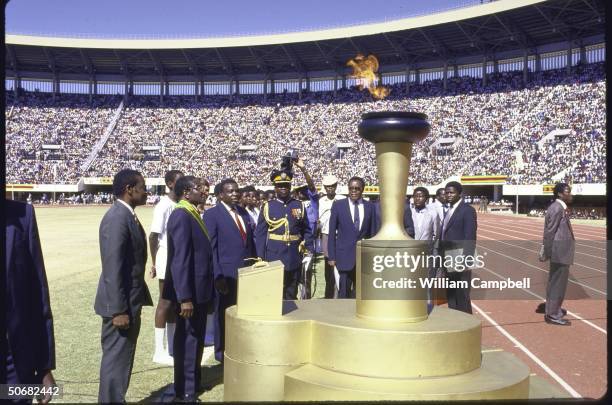 Pres. Robert G. Mugabe attending Independence Day celebration at the National Stadium.