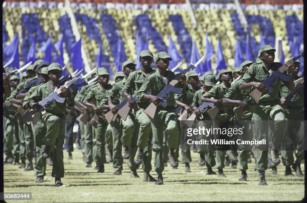 Youths performing a military drill during Independence Day celebration at the National Stadium.