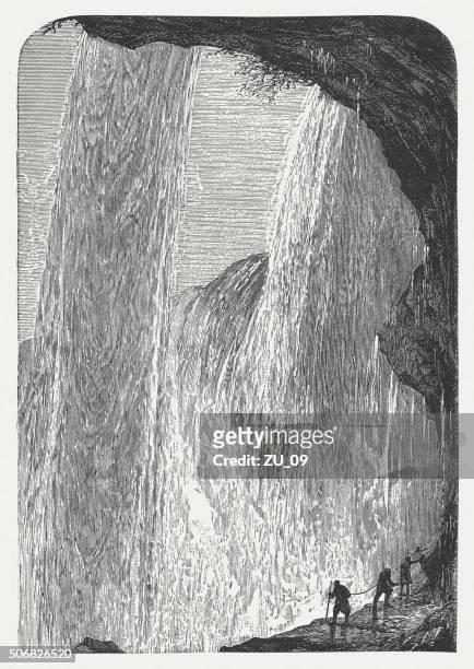 niagara falls, wood engraving, published in 1882 - niagara falls stock illustrations