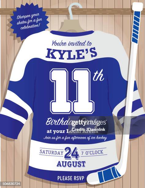 boys birthday party hockey jersey themed invitation design - wooden stick stock illustrations