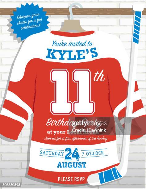 ilustrações, clipart, desenhos animados e ícones de boys festa de aniversário com tema de design de convite camisa de hóquei no gelo - ice hockey stick