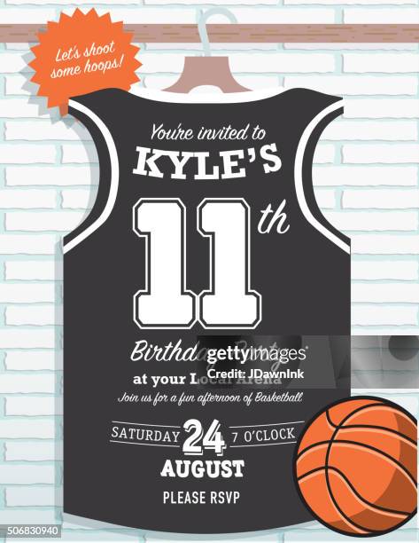 basketball-trikot für jungen geburtstagsparty einladung design-stil - birthday invitation stock-grafiken, -clipart, -cartoons und -symbole