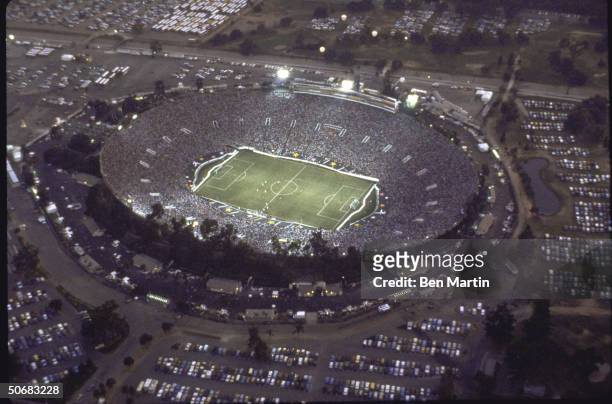 Aerial view of soccer game at the Rose Bowl during the Summer Olympics.