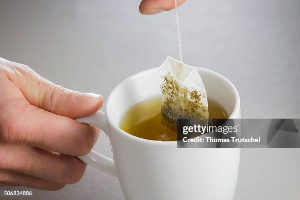 Berlin, Germany In this photo illustration a tea bag is brewed in a cup of hot water on January 26, 2016 in Berlin, Germany.