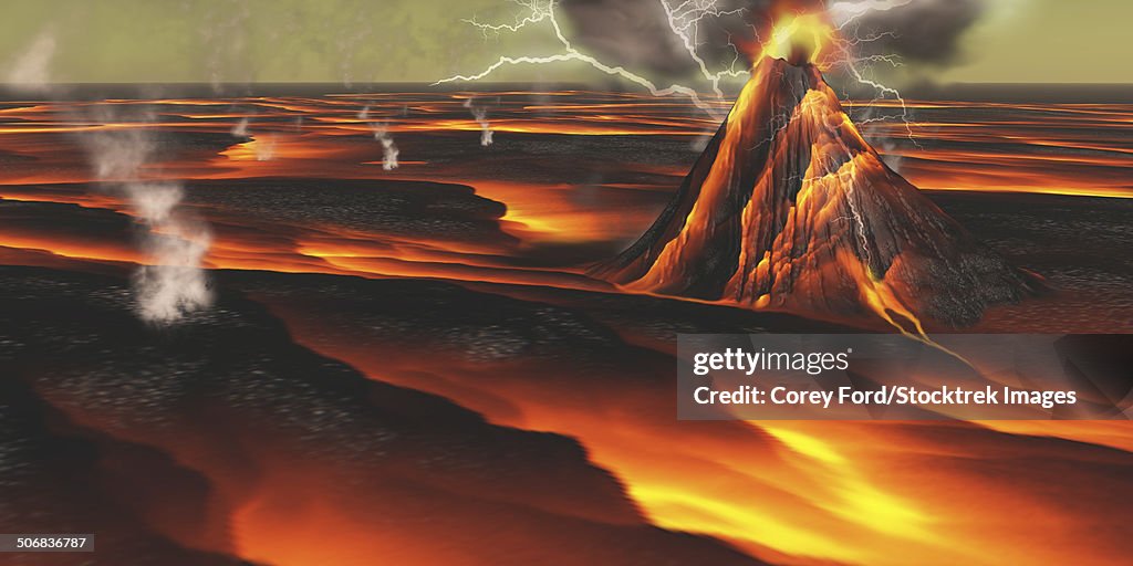 Volcanic eruption on an alien planet.