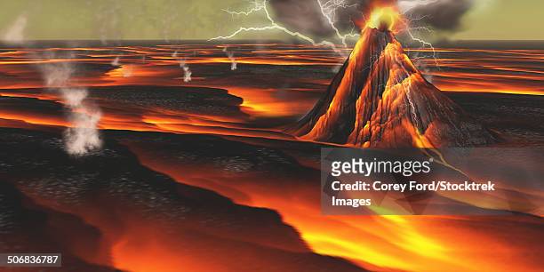 ilustrações, clipart, desenhos animados e ícones de volcanic eruption on an alien planet. - atividade vulcânica