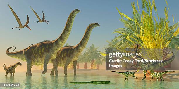 stockillustraties, clipart, cartoons en iconen met a mother deinocheirus dinosaur and two anhanguera pterosaurs watch as argentinosaurus make their way through swallow lake waters. - argentinosaurus