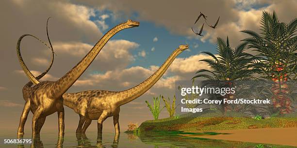 three dorygnathus dinosaurs fly over diplodocus dinosaurs in a mating ritual. - start over stock illustrations