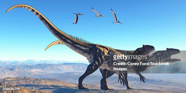 two allosaurus dinosaurs look for prey on a high mountain. - allosaurus stock illustrations