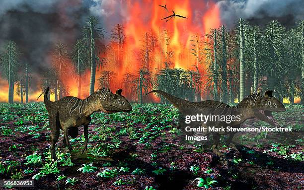 cryolophosaurus dinosaurs fleeing from a deadly forest fire. - primitive fire stock illustrations