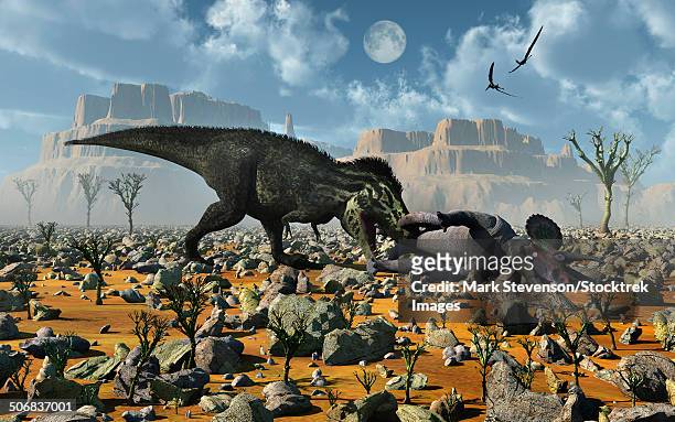 a carnivorous tyrannosaurus rex feeding on a triceratops carcass. - day of the dead stock-grafiken, -clipart, -cartoons und -symbole