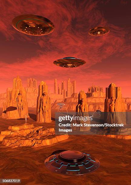 members of the planets advanced civilization leaving mars for a new home world. - a journey to planet sanity stock illustrations