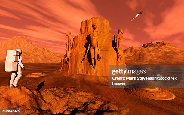 a team of explorers from earth exploring mars ancient monuments. - alien life stock illustrations