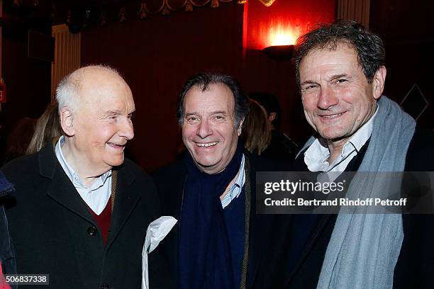 Actors Michel Bouquet, Daniel Russo and Francis Lombrail attend Theater Play 'A Tort Et A Raison' at Theatre Hebertot on January 25, 2016 in Paris,...