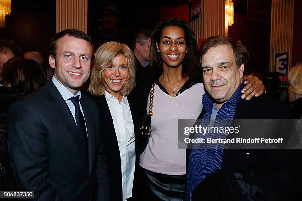 Emmanuel Macron and his wife Brigitte Trogneux, Didier Bourdon and his wife Marie-Sandra Badini Duran attend Theater Play 'A Tort Et A Raison' at...