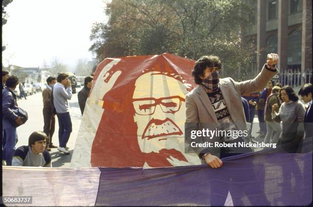 Posters held up by Chile Law School students at anti-Augusto Pinochet government/pro-deposed leader Allende Salvador demonstrations on anniversary of...