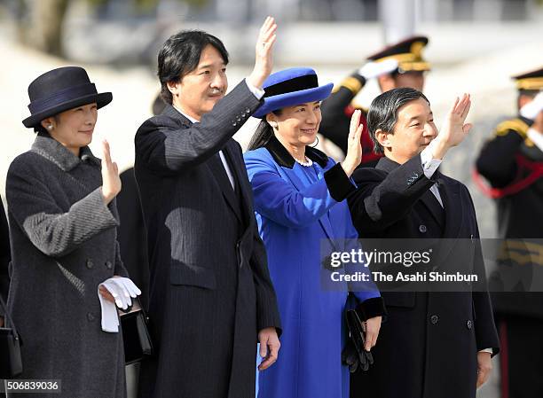 Crown Prince Naruhito, Crown Princess Masako, Prince Akishino, Princess Kiko of Akishino see off Emperor Akihito and Empress Michiko on departure for...