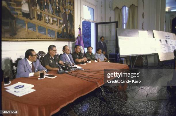 Salvadoran President Jose Napoleon Duarte , Minister Julio Adolfo Rey Prendes , and members of military high command at press conference regarding...