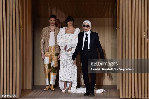 Baptiste Giabiconi, a model and Karl Lagerfeld pose on the runway during the Chanel Spring Summer 2016 show as part of Paris Fashion Week on January...